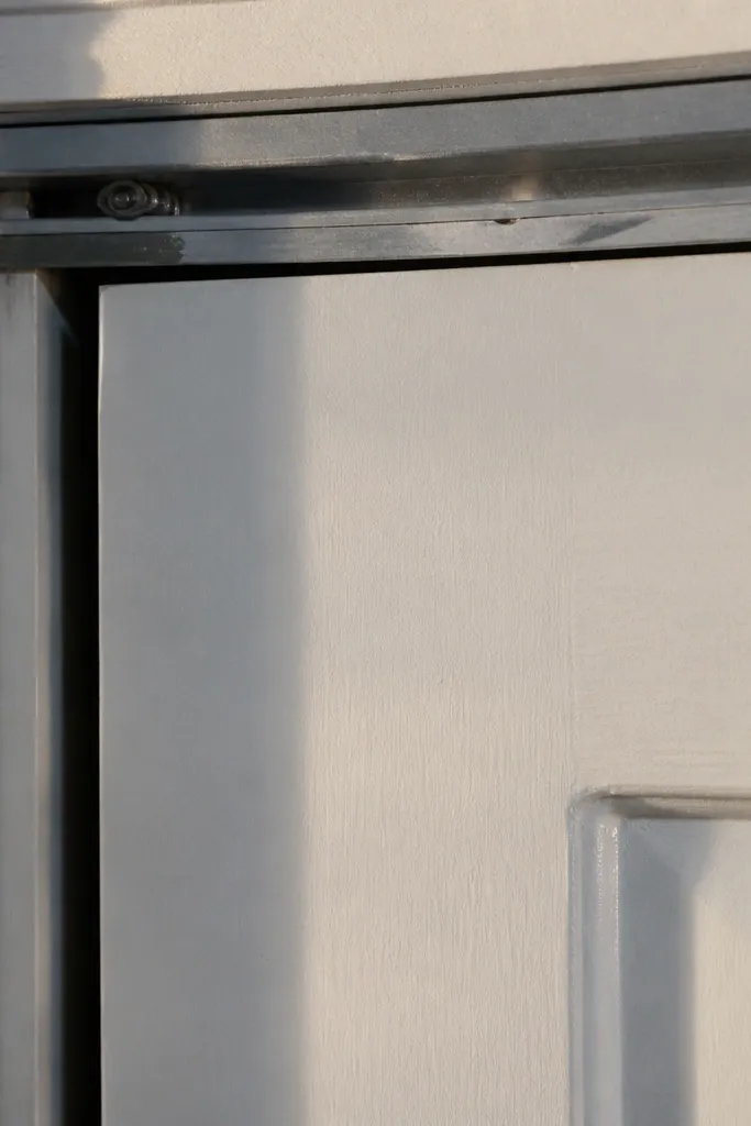 Sliding door with uneven top gap and visible track brackets