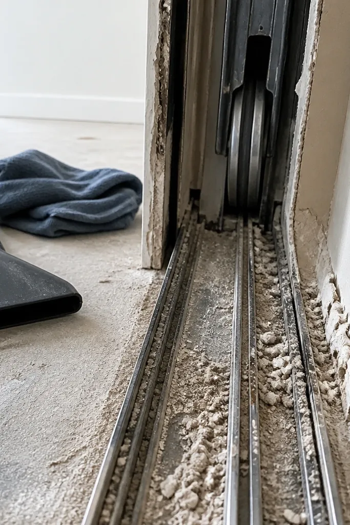 Dirty sliding door track with dust buildup and rollers