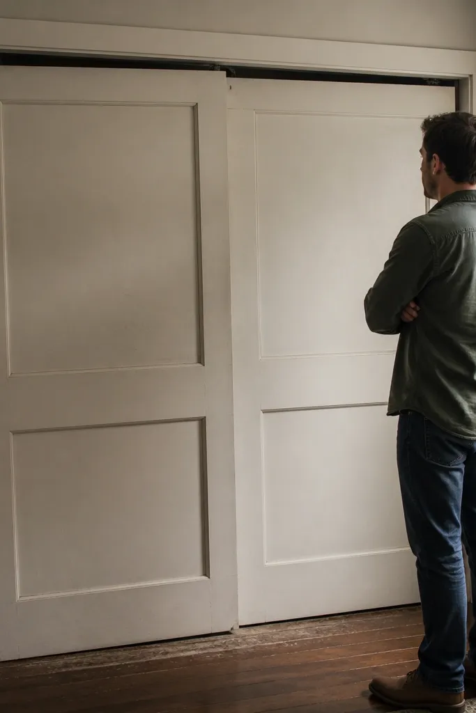 Sliding door with one roller wheel visibly worn and lower than the other
