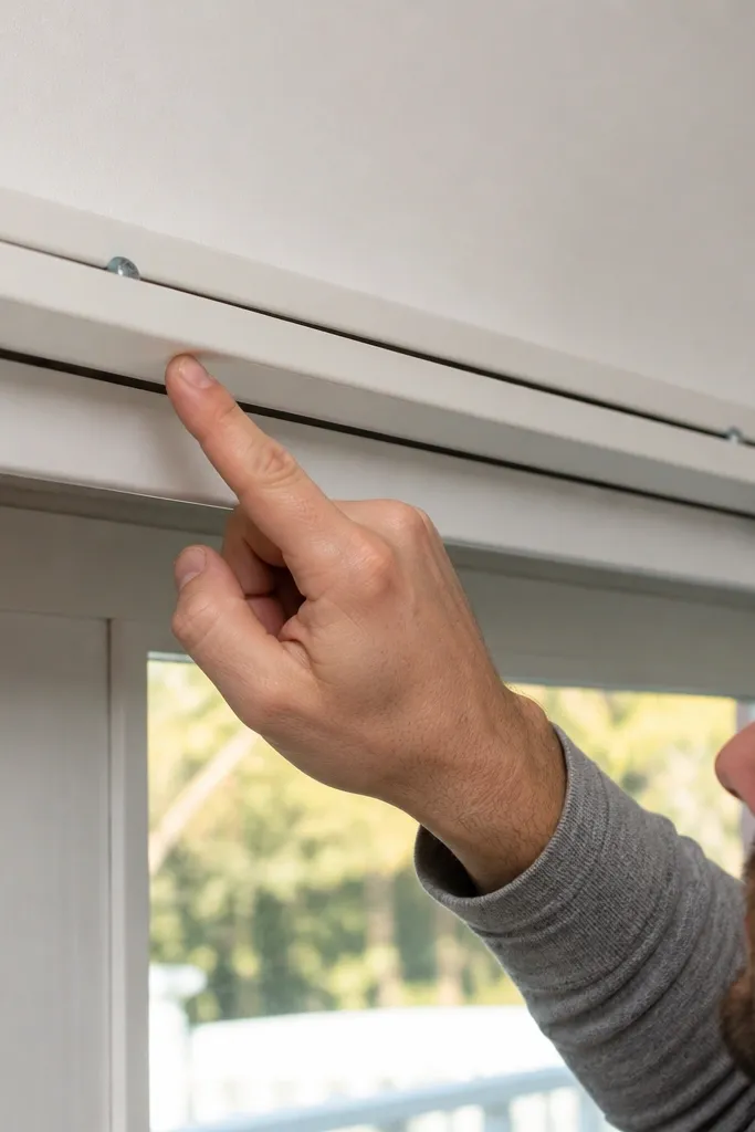 Loose track bracket near sliding door with screws slightly raised