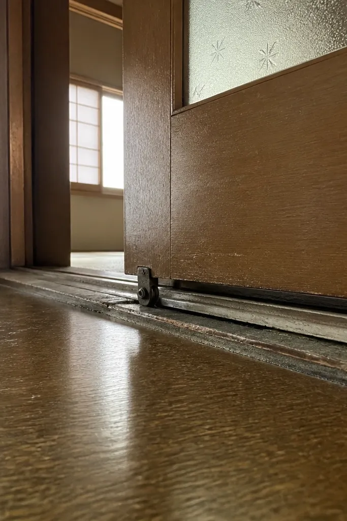 Sliding door with visible wobble and no clear bottom guide contact