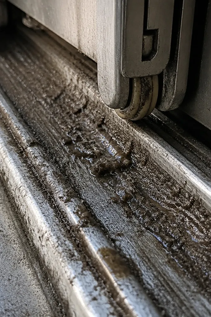 Oily residue in the sliding door track with dust stuck to it