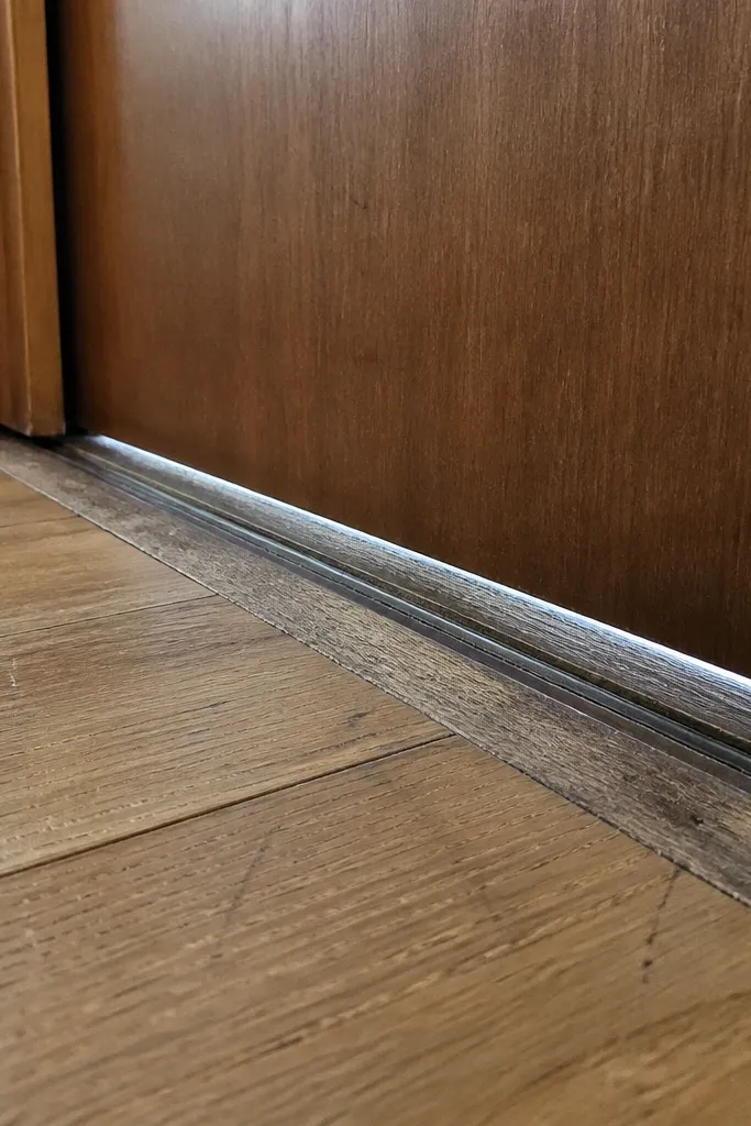 Floor track with gaps and worn edges under a sliding door