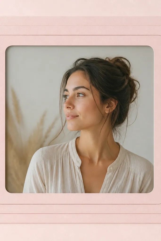 A layered paper frame with three thin blush pink strips forming a thick border around a centered photo window. The corners are clean and slightly rounded.