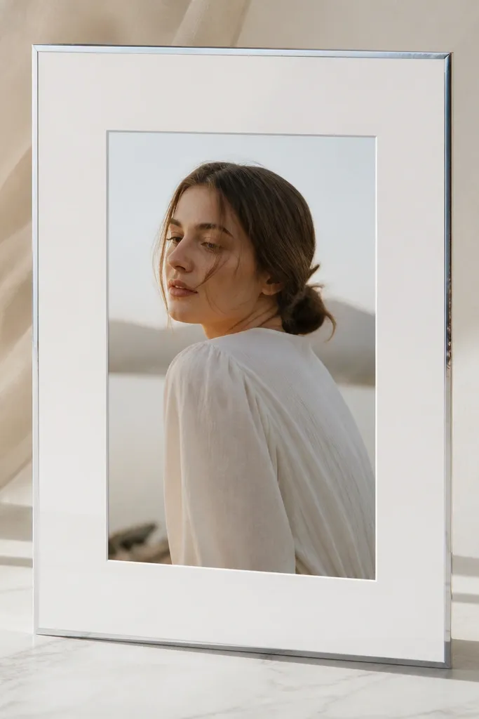 A white foam board 9:16 frame with a thin border made from shiny chrome tape, wrapping the edges around a centered photo window.