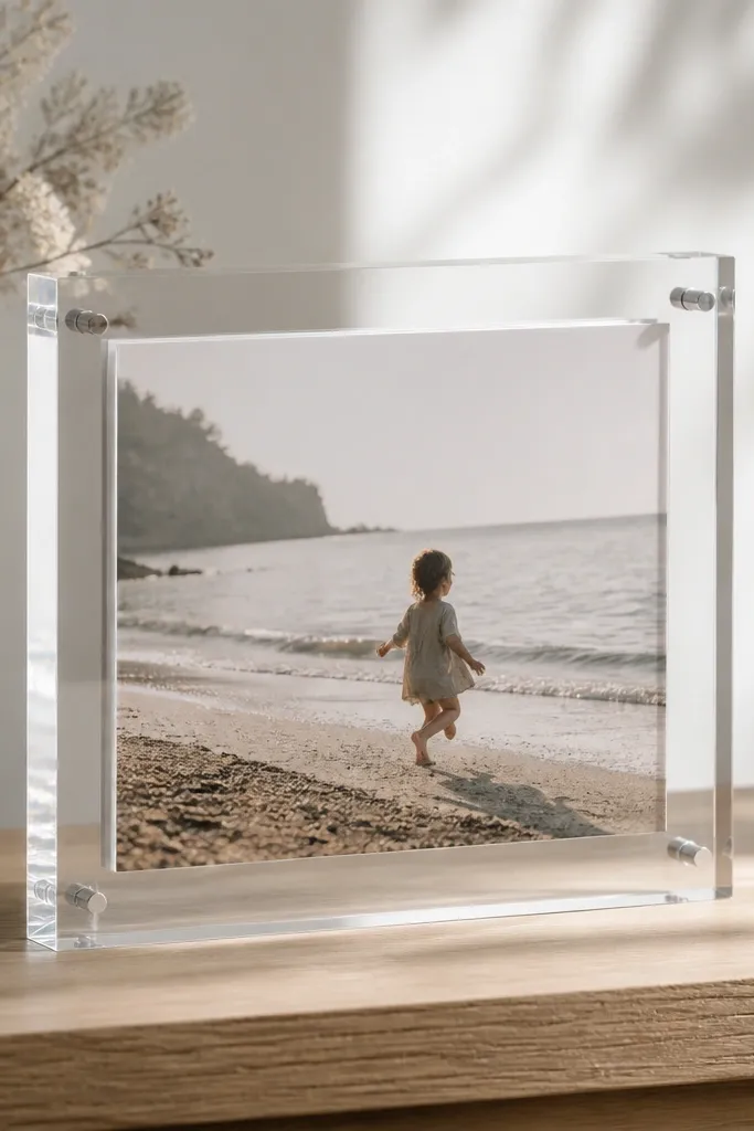A transparent acrylic frame with a photo slightly raised inside, visible as a floating layer with a thin spacer effect.