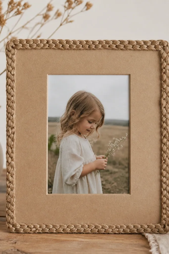 A rustic frame where the border is made from braided jute twine glued along the edges, with a centered photo window on kraft paper.