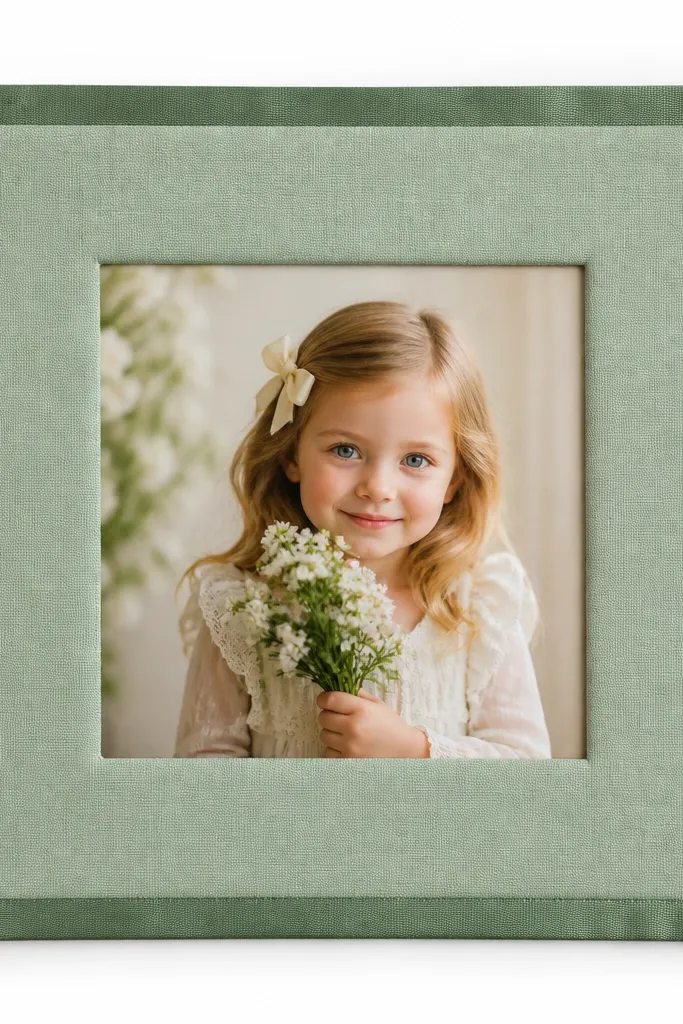 A fabric-wrapped border with a satin ribbon edge, framing a centered photo window on white backing.