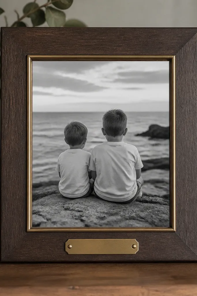 A frame with a small brass-colored label strip at the bottom, plus a simple border around the photo window.