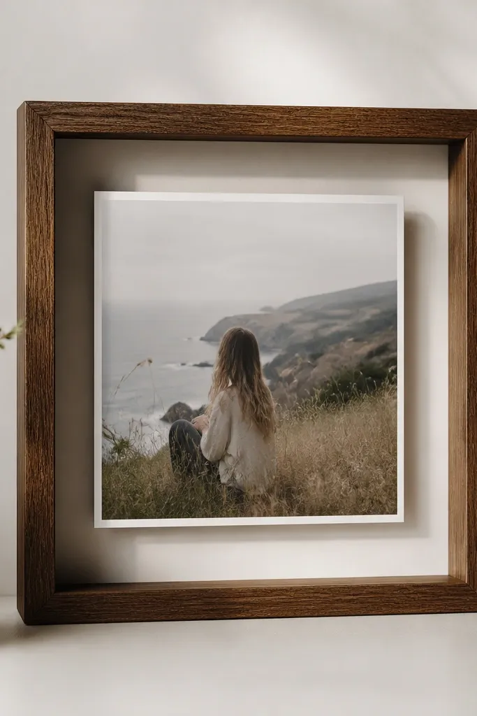 A compact shadowbox style frame with a back pocket holding the photo slightly recessed, creating a shadow gap around the image.