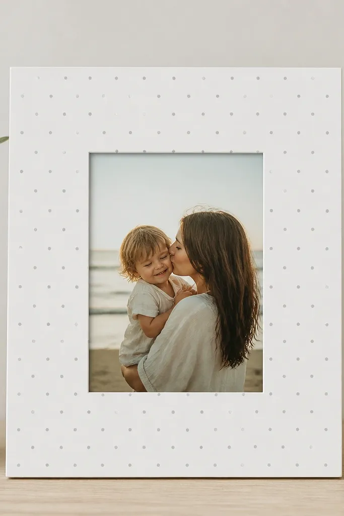 A matte white frame with a border dotted pattern in gray, with a centered photo window and clean corners.