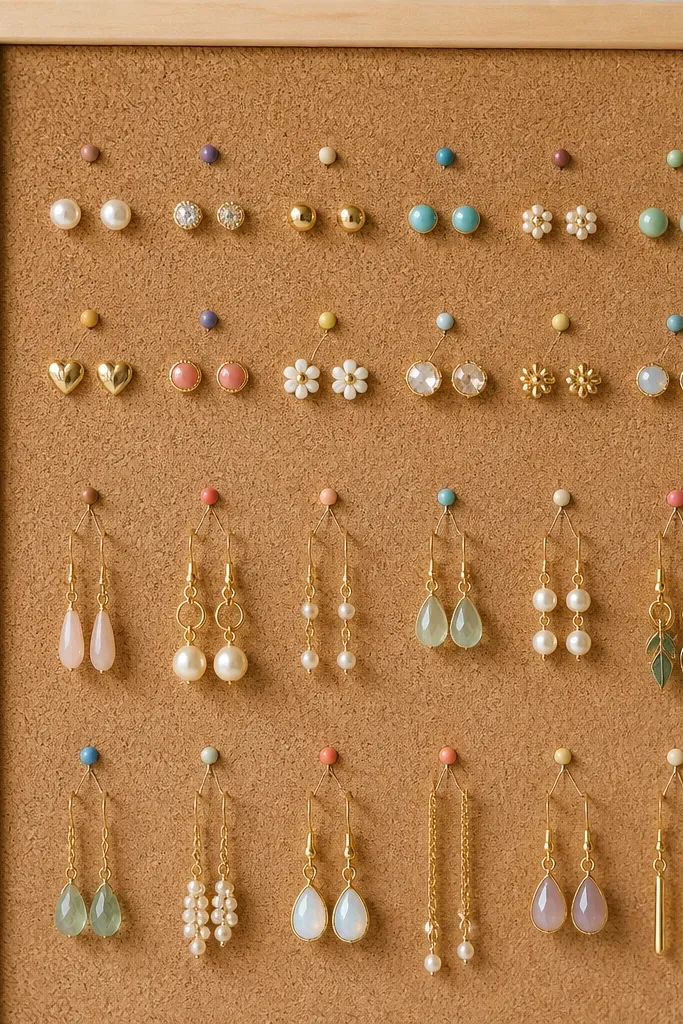 A vertical cork panel with a neat grid of small pushpins in a grid pattern. Each pin has a tiny colored cap. Multiple earrings hang neatly, with studs on the top row and longer drops on the lower row.