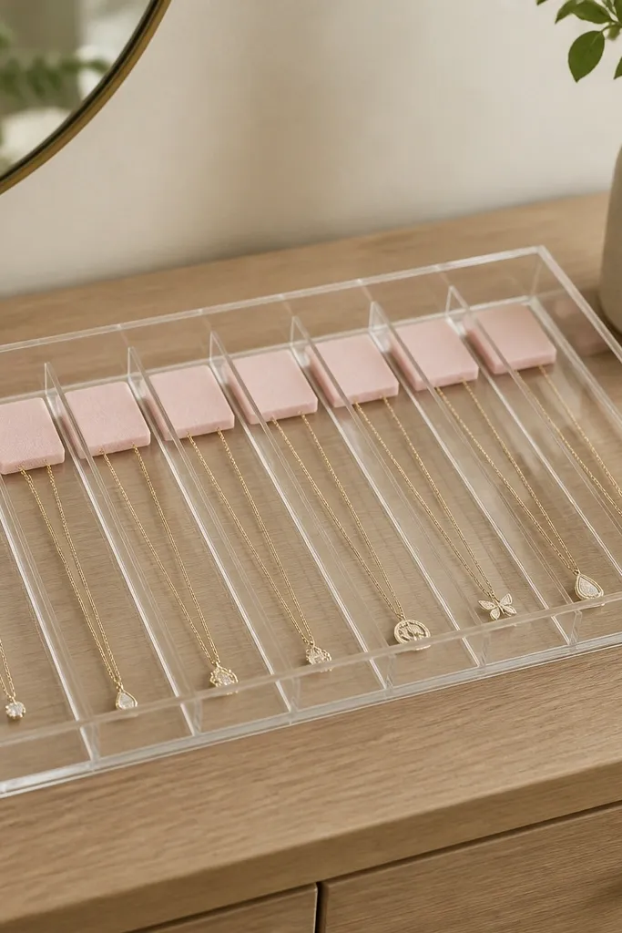 A clear acrylic shallow tray sits on a dresser. Inside are clear acrylic vertical dividers forming narrow lanes. Each lane has a small square of pale pink foam where a necklace rests.