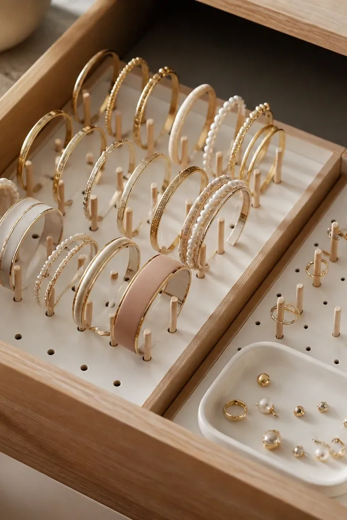 A wooden drawer insert lined with white pegboard. Small pegs hold bangles upright. A separate section has ring-sized pegs and a tiny tray for loose studs.