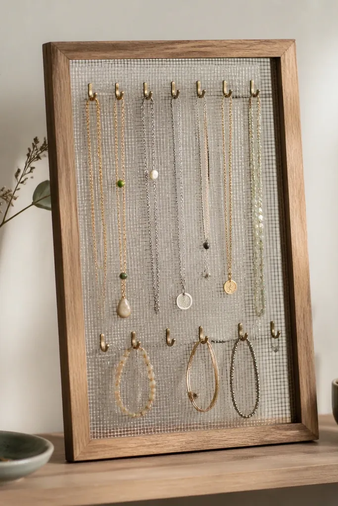 A small wooden picture frame holds a stretched fine metal mesh panel. Tiny clasp hooks line the mesh in rows, holding necklaces and a few bracelets. The frame sits on a shelf.