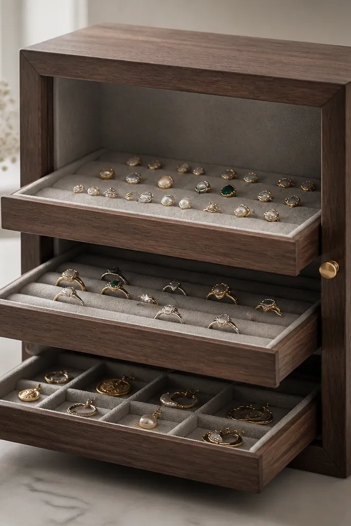 A small shadowbox display cabinet with three levels. Each level has a removable tray: one for studs, one for rings, one for small charms. The background is a soft gray felt.