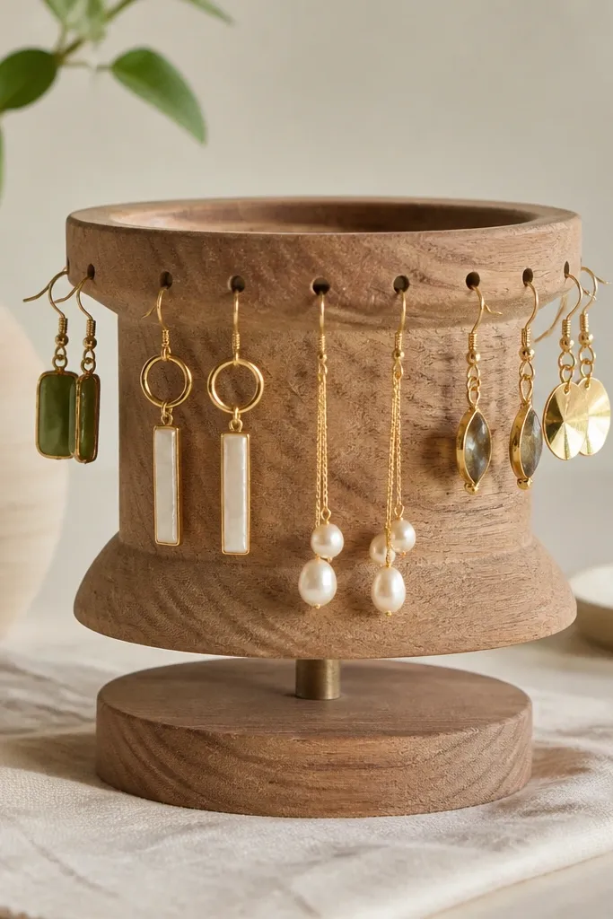 A small wooden spool turned sideways stands on a base. The top has a ring of holes with earrings hanging. The spool rotates, showing different earrings around the circle.