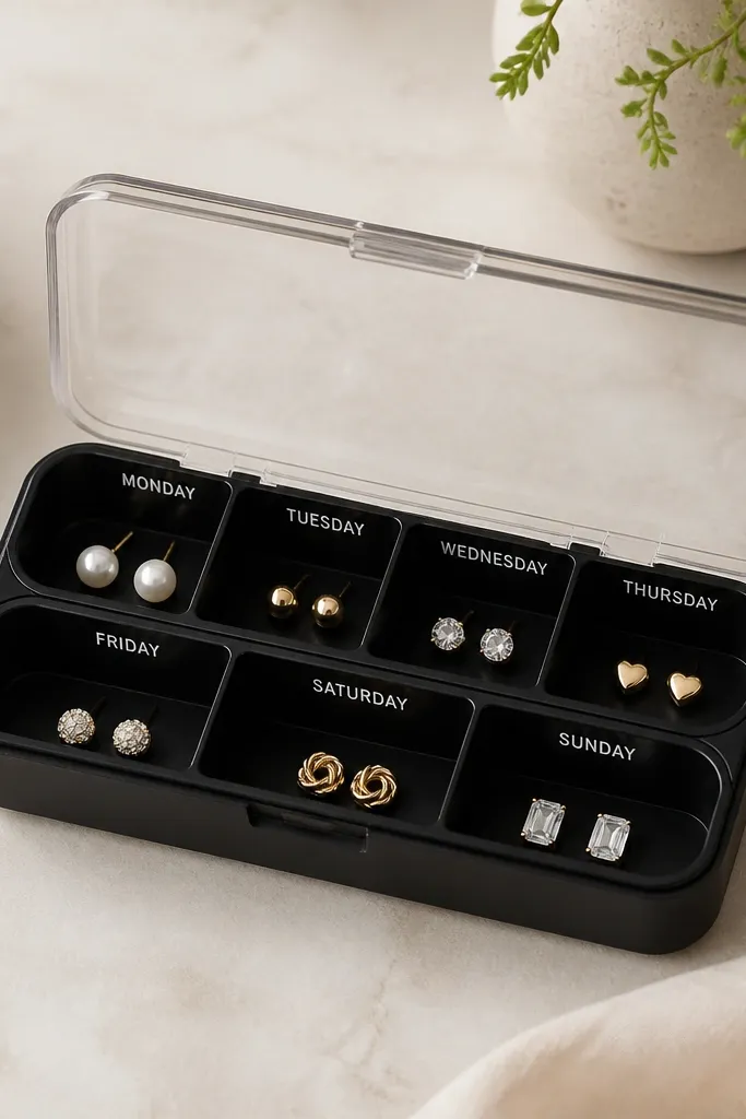 A weekly pill organizer repainted matte black with a clear lid. Each compartment holds a different pair of stud earrings. The compartments are arranged in rows with visible labels on the inside rim.
