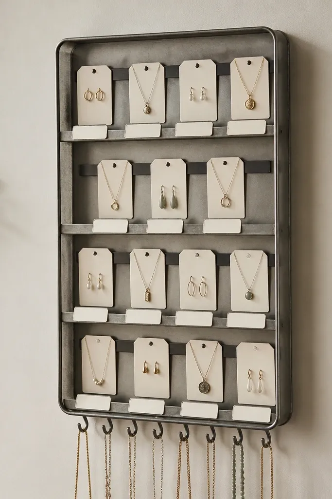 A narrow metal spice rack mounted on a wall. Small magnetic strips hold pendant cards. Removable white labels sit on each slot. Several necklaces are draped from hooks along the bottom edge.
