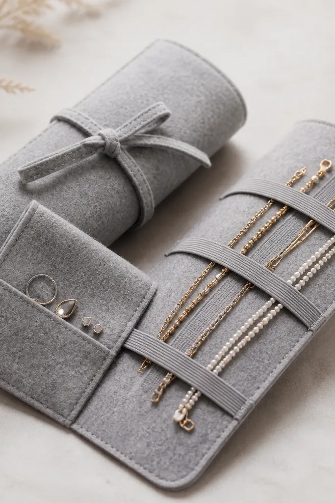 A soft gray felt roll-up tied with a matching wrap strap. Inside are elastic bands holding multiple bracelets. On the outer flap, a small pocket holds earrings.