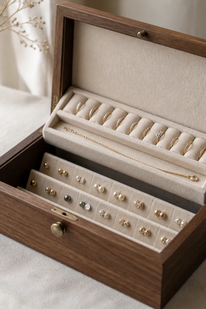 A small wooden organizer box with a velvet-lined base. Inside are angled slots that hold stud posts upright. The box lid is open, showing compartments for rings and a long narrow slot for necklaces.