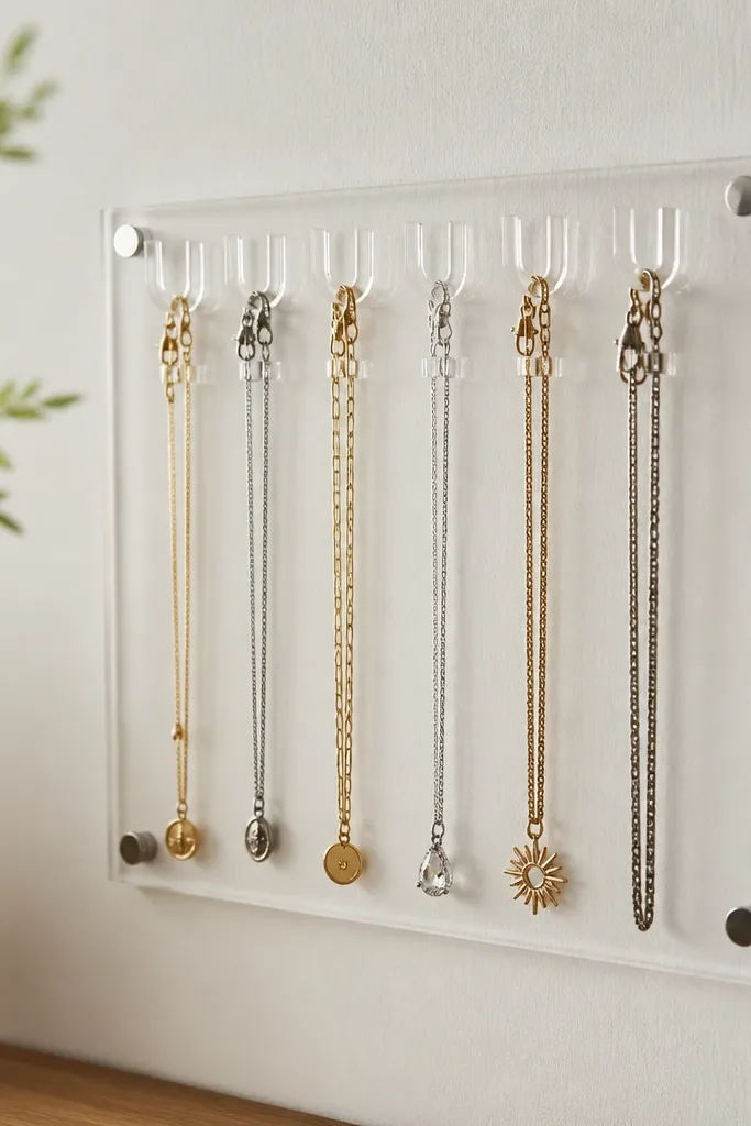 A small acrylic panel mounted on a wall with multiple clear U-shaped hooks. Chains hang neatly, each held in place by a clear string tie near the clasp.