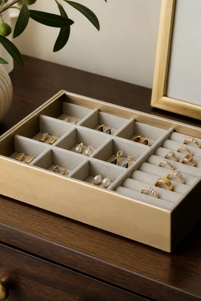 A metal utensil organizer placed on a dresser. Inside, small painted wooden dividers separate earring pairs and ring compartments. The outside is brushed copper or gold-tone.