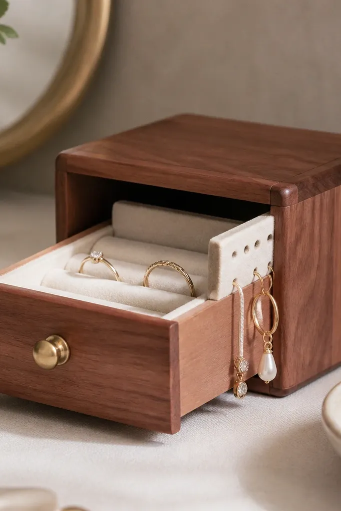 A tiny cedar drawer with a brass knob. The inside has a removable ring tray insert lined with cream velvet. Earrings hang from a small side panel when the drawer is open.