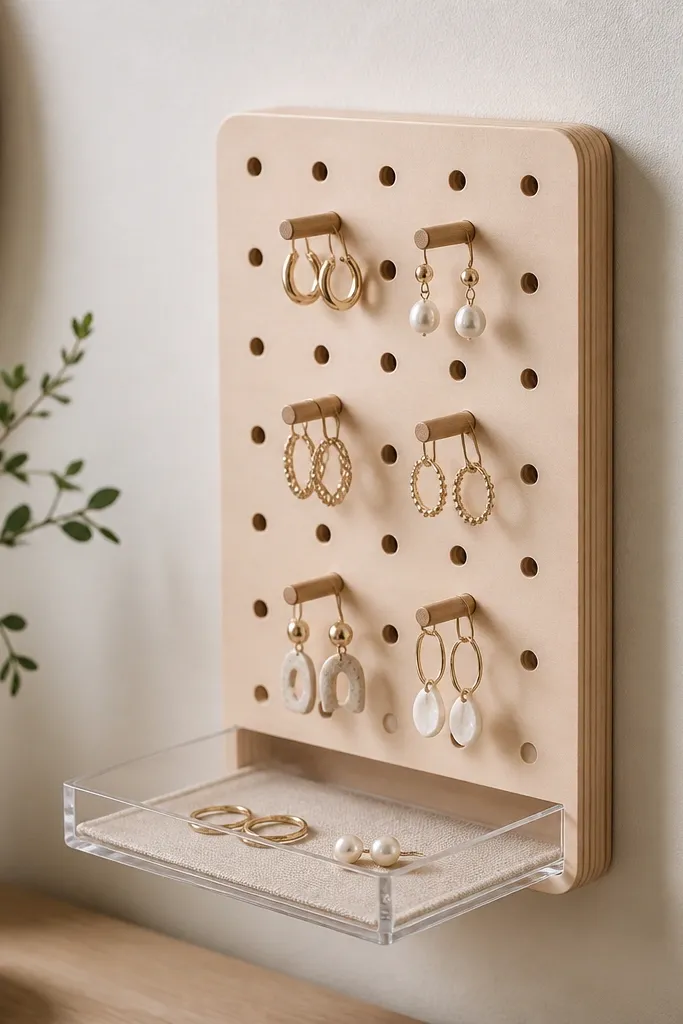 A small pegboard end-cap mounted on a wall. Earrings hang on pegs. A sliding clear acrylic tray below holds a few pairs of earrings for travel.