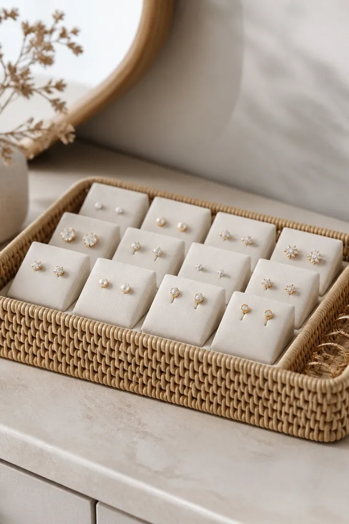 A shallow rattan tray on a dresser. Inside are several removable blocks of pale foam holding stud earrings upright. A small compartment on the side holds ring bands.