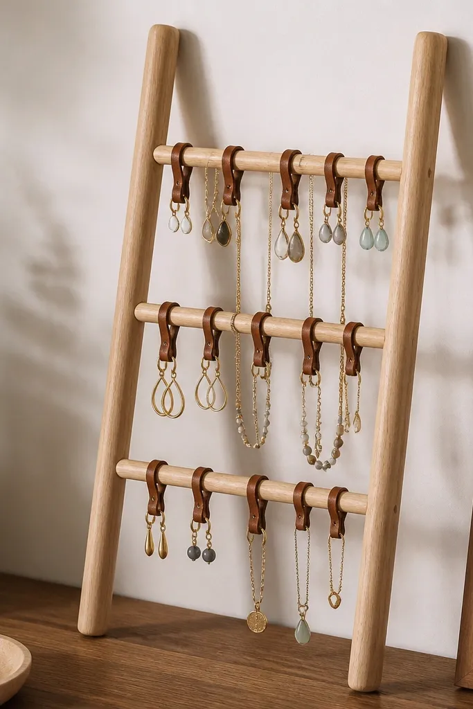 A small ladder made from two dowels and three horizontal rungs, leaning against a wall or sitting on a dresser. Leather ties hang earrings and short necklaces from each rung.