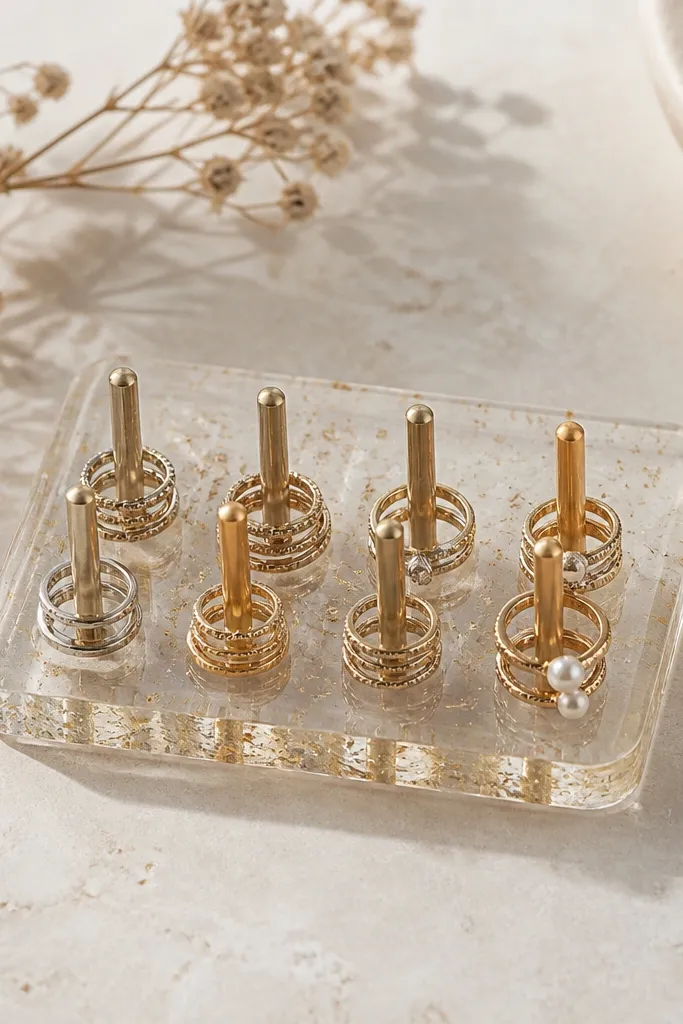 A small clear resin bar shaped like a coaster with two rows of tiny embedded metal posts. Rings are stacked on the posts. The resin has faint gold flecks.