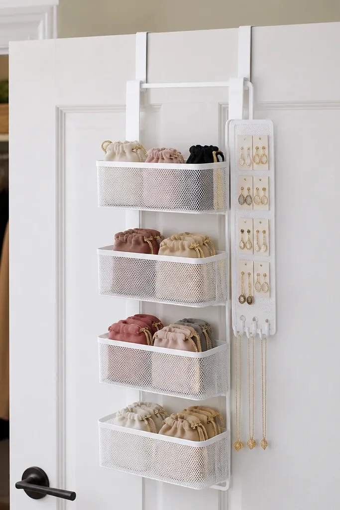 A small shower caddy hangs over a closet door. The bins hold small jewelry pouches. On the side are magnetic strips with metal earring cards and a few hooks.