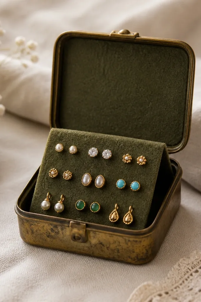 A small vintage metal tin with a hinged lid. The lid has felt on the inside. When opened, it reveals a small fold-out stand with earrings arranged in rows.