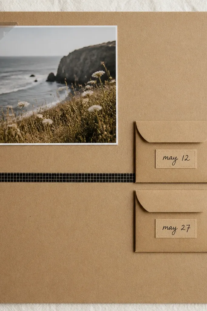 A 6x8 scrapbook page with a kraft cardstock base. A thin strip of black washi tape runs horizontally as a timeline. Two small kraft envelopes sit stacked on the right, each with a handwritten date label in black ink. A single photo is tucked behind a clear photo corner at the top left.