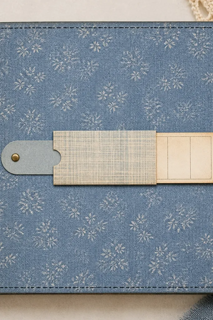 A scrapbook spread with a denim-blue patterned paper background. A stitched-look edge border is made with a black marker. In the center, a horizontal paper pull-tab holds a small ticket strip. The pull tab peeks out with a tiny metal brad at the left end.