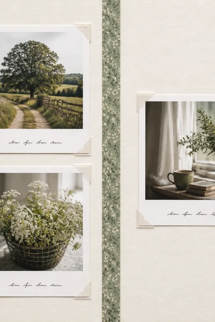 A page with three small square photos arranged like a mini grid. Each photo has white Polaroid-style borders and clear photo corners at the corners. A thin vertical strip of patterned paper separates the photos, and handwritten captions sit beneath each one.