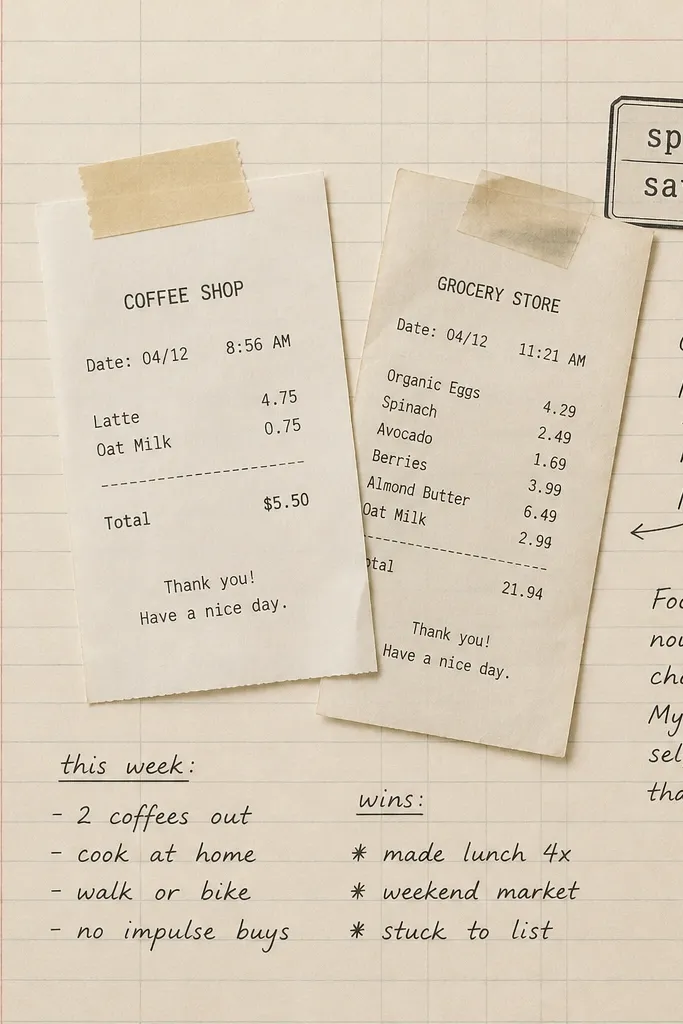 A cream scrapbook page with a grid of thin grey lines like a ledger. Two receipts are taped at angles in the center. A small stamp-like label says "spent" and "saved" in black ink. Handwritten notes fill the lines around the receipts.
