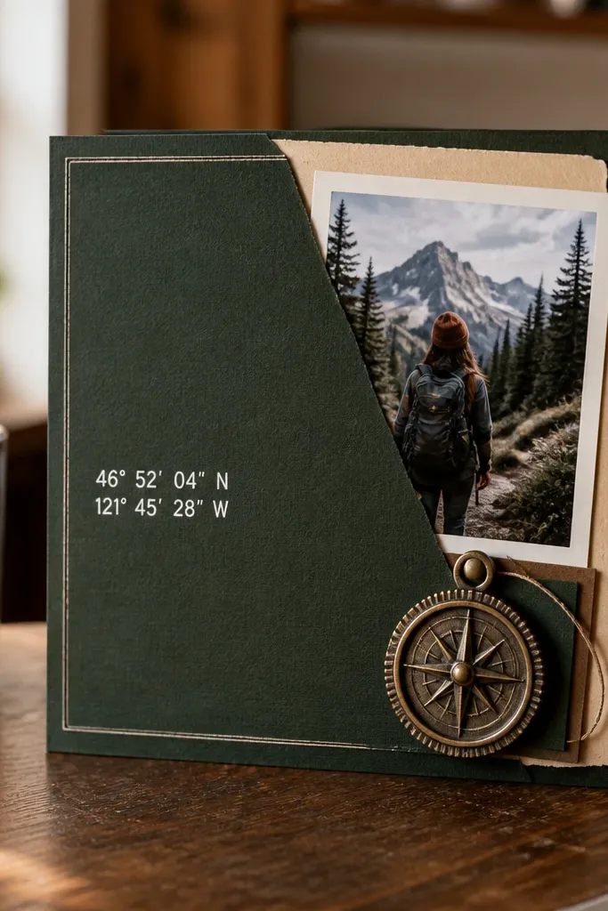A dark green page with a faint world map print. A small compass rose is drawn in the corner. Centered text reads coordinates in white gel pen. A small metal compass charm is attached with twine and a brad, with a photo tucked beneath it.