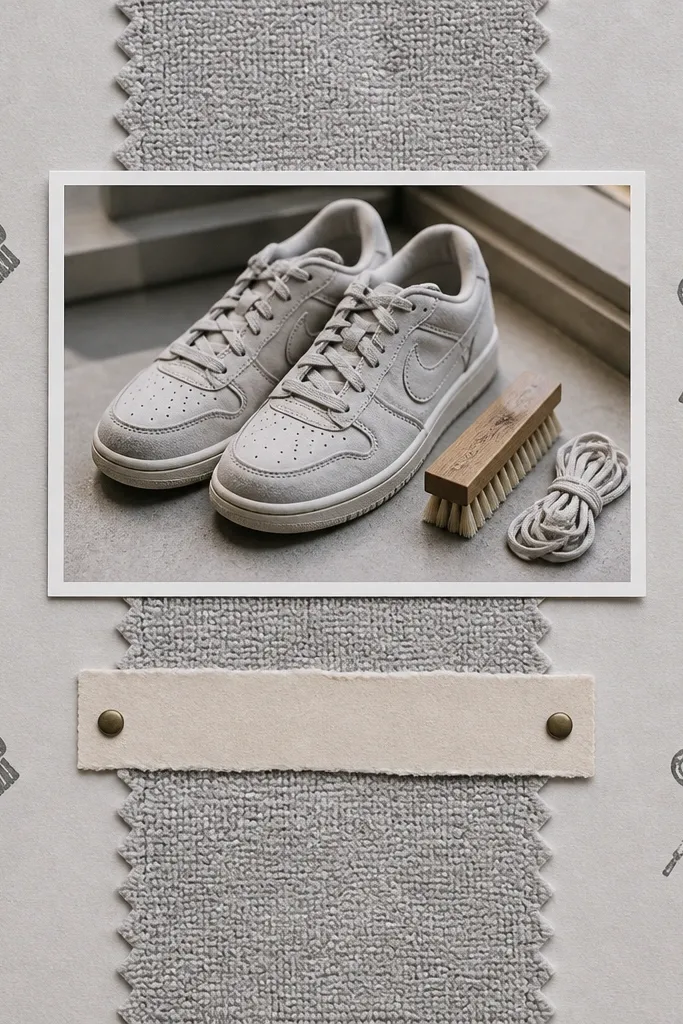 A light grey scrapbook page with a vertical strip of fabric-like microfiber swatch in the center. Small icons for brush and laces are stamped around it. A 2x3 photo sits at the top with a label strip beneath that says "we cleaned these."