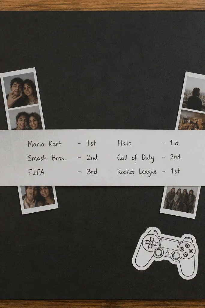 A black scrapbook page with a white controller illustration sticker at the bottom right. A wide white band wraps across the page like a belt. On the band, hand-written text lists games and scores. Two small photo strips are layered under the band edges.