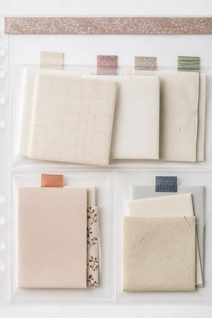 A page protector style layout: a clear plastic pocket holds several small folded notes. The base is white. Tabs with tiny washi tape colors stick out from the top of the pocket. A strip of washi tape forms a header at the top.