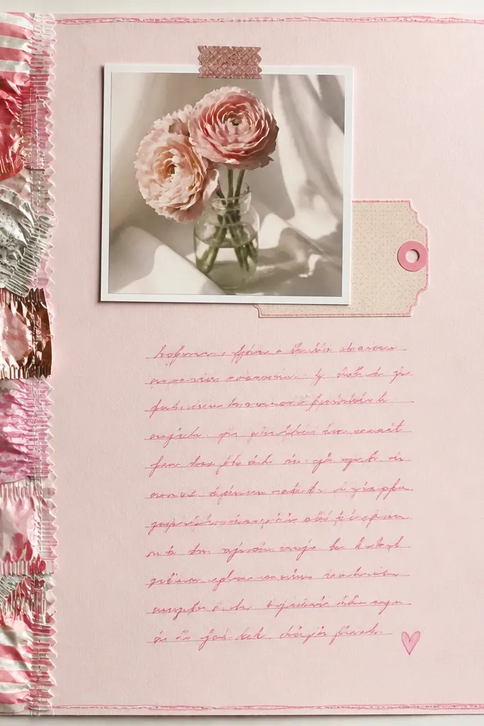 A pastel pink scrapbook page with a thin border made from flattened candy wrappers. The wrappers are layered like a ribbon strip along one side. A small photo sits near the top with a caption tag. Gel pen journaling is written in the open center.