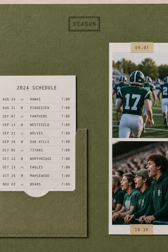 A green scrapbook page with a small vertical pocket on the left. Inside the pocket is a printed sports schedule card. A vertical photo strip on the right shows two images with small date labels. A tiny "season" stamp sits at the top.