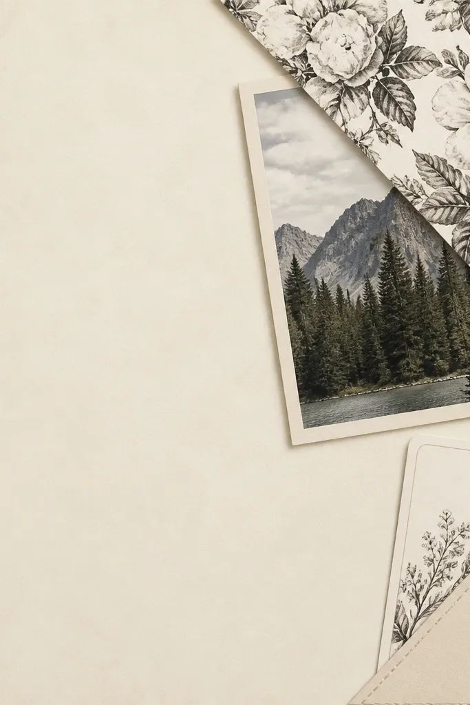 A cream scrapbook page with a monochrome floral print paper only in the top right corner. A photo is tucked under the floral corner like a flap. A small journaling card peeks from behind a corner pocket.