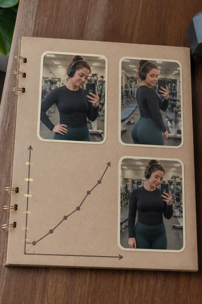 A tan scrapbook page with a simple progress chart drawn in black marker. Two photos are placed in rounded rectangular slots. A small bar graph shows dates. A journaling strip sits on the bottom edge with a motivational quote in small handwriting.