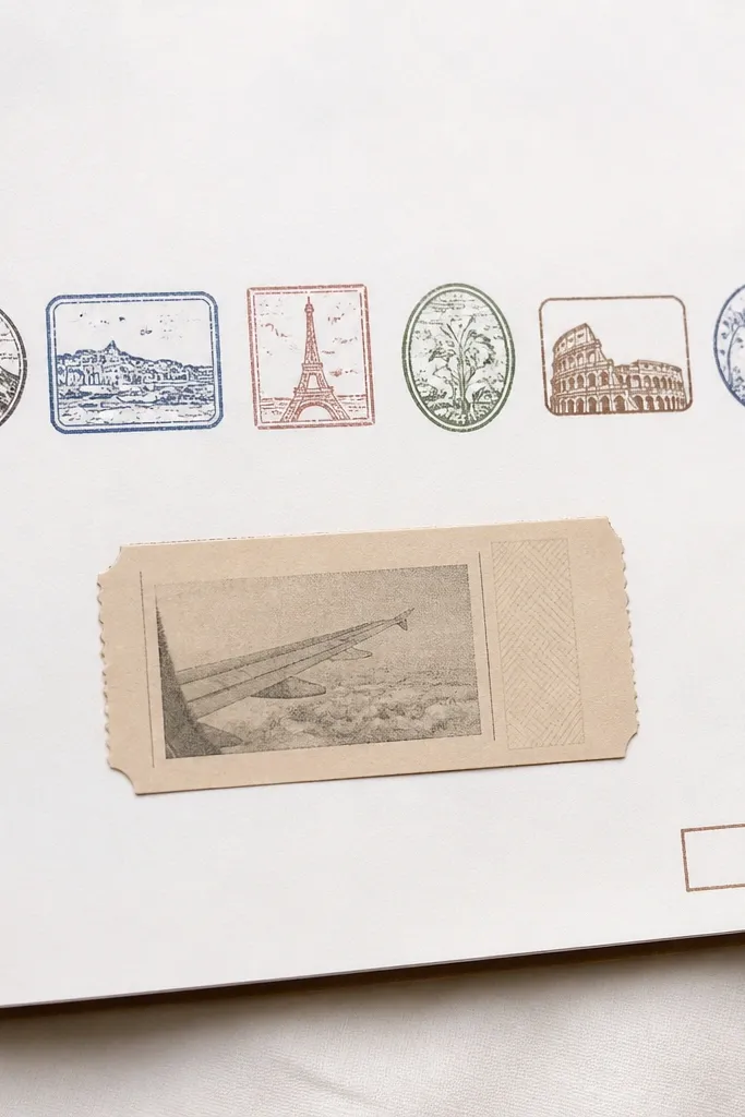 A white scrapbook page with a horizontal strip of small travel stamps in a line. One photo looks like a ticket stub placed beneath the stamps. A small date label is stamped in the corner.