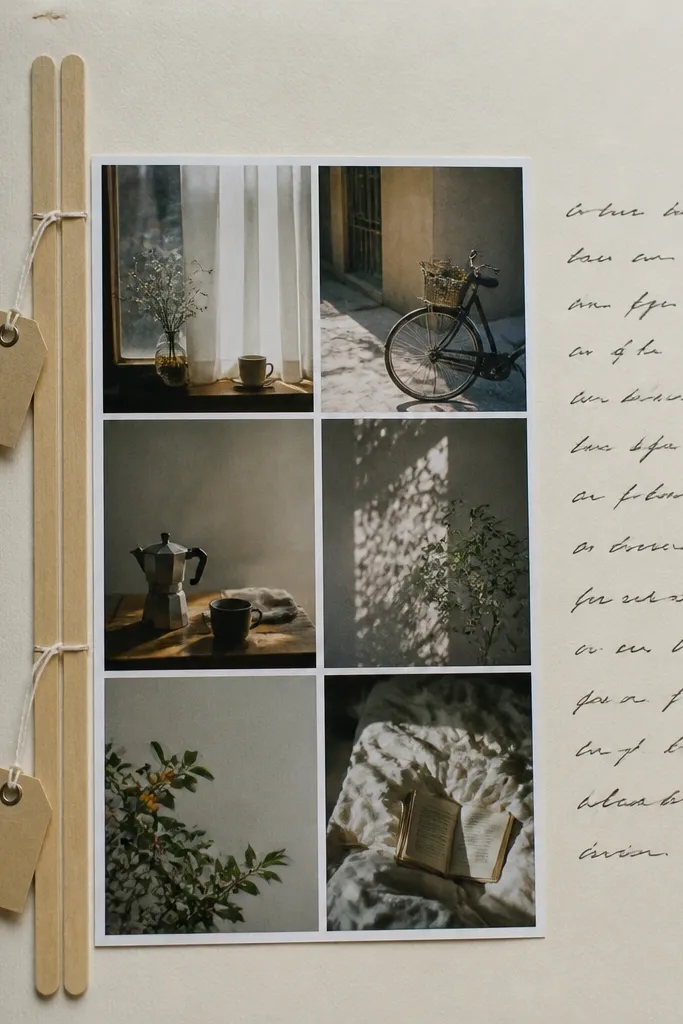 A page with a vertical strip made from two flattened coffee stirrers. Small tags hang from the strip on string. A 2x3 photo sits behind the strip, and a handwritten caption runs beside it.