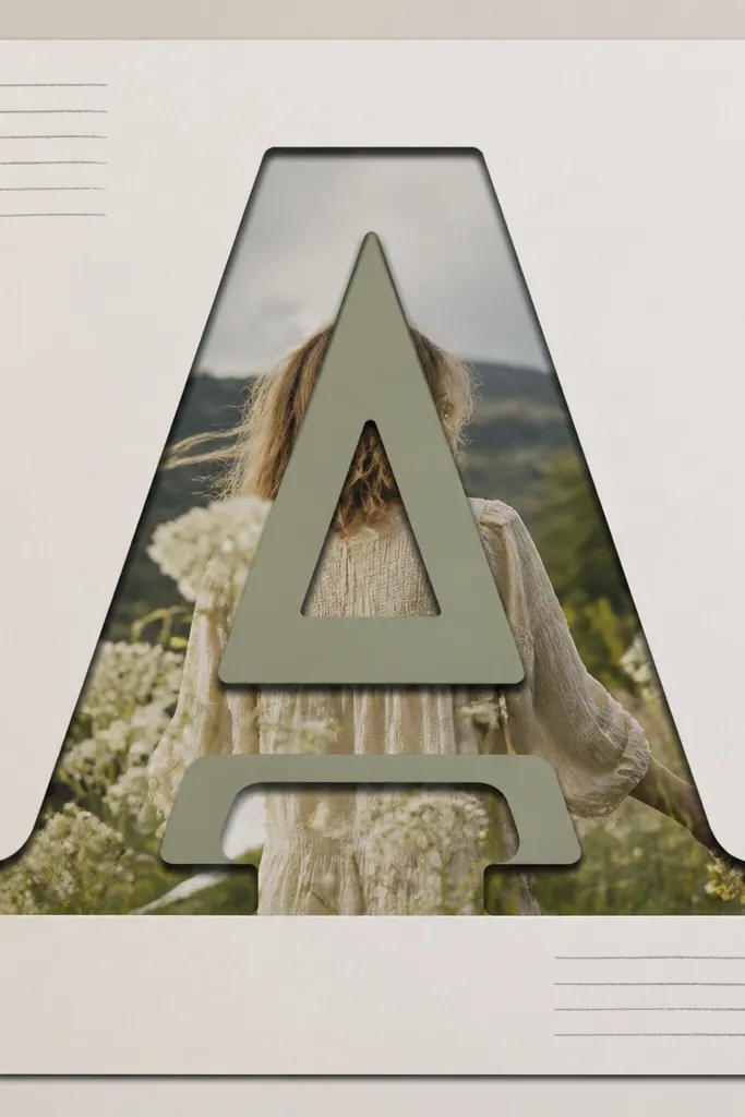 A page with a big letter cutout in the center. Behind it, a photo sits under a clear acetate panel. The letter is in a muted color and has a clean shadow effect. Small journaling lines are written in the corners.