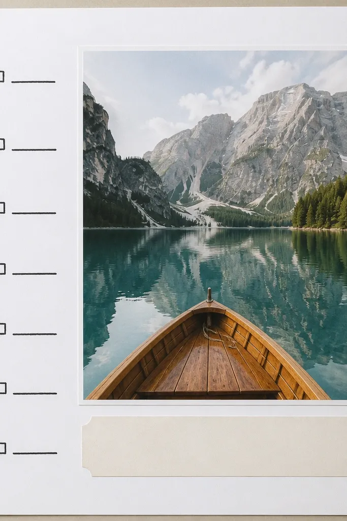 A white page with a checklist drawn in black marker. Small sticker icons sit next to each item. A single large photo is centered and has a caption strip beneath it. The checklist lines are short and neatly spaced.